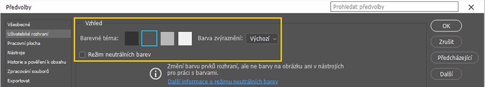 Výběr režimu neutrálních barev v nabídce Předvolby > Rozhraní
