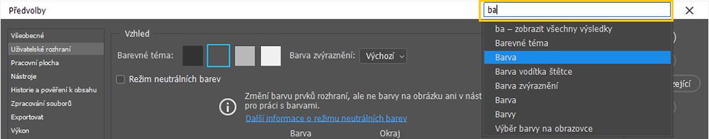 Vyhledávání pomocí klávesnice na panelu hledání v dialogovém okně Předvolby