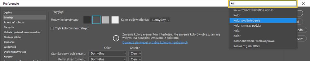 Wyszukiwanie wg słów kluczowych na pasku w oknie Preferencje