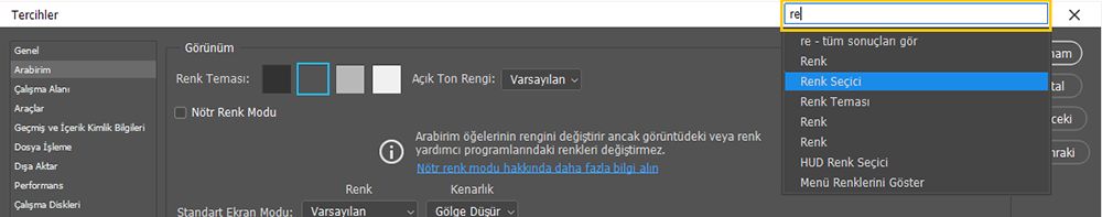 Tercihler arama çubuğunda klavyeleri kullanarak arama yapma