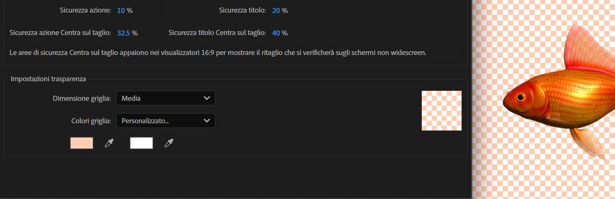 La finestra di dialogo Preferenze è aperta. Nella scheda Griglie e guide, puoi regolare le impostazioni di trasparenza.