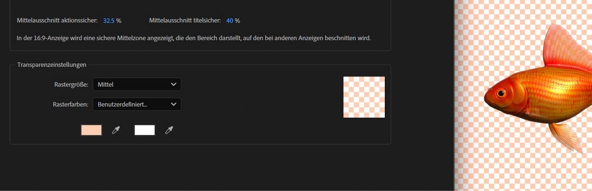 Das geöffnete Dialogfeld „Voreinstellungen“. Auf der Registerkarte „Raster und Hilfslinien“ kannst du die Transparenzeinstellungen anpassen.