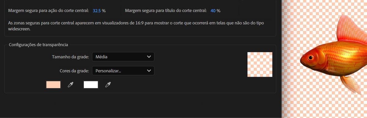 A caixa de diálogo Preferências é aberta. Na guia Grades e guias, você pode ajustar as configurações de Transparência.