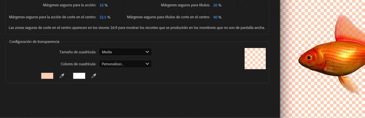 Se abre el cuadro de diálogo Preferencias. En la pestaña Cuadrículas y guías, puede ajustar la configuración de transparencia.