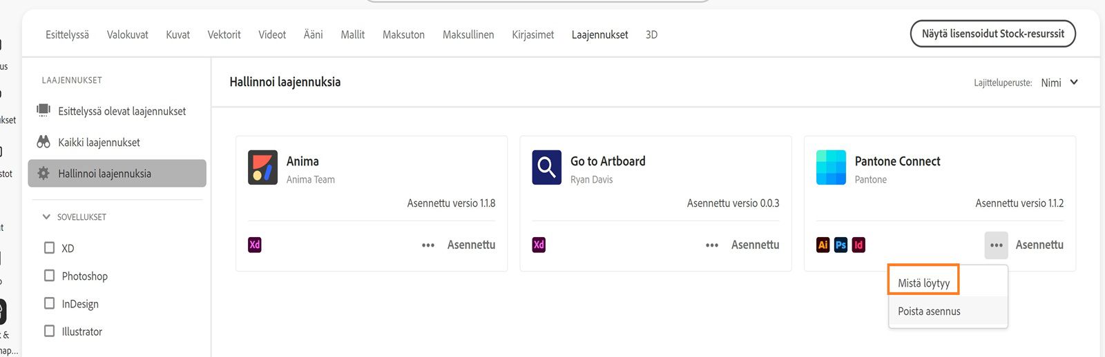 Liitännäinen-kortissa näkyy avattava Lisää toimintoja -valikko, jossa on Mistä löytyy- ja Poista asennus -vaihtoehdot.