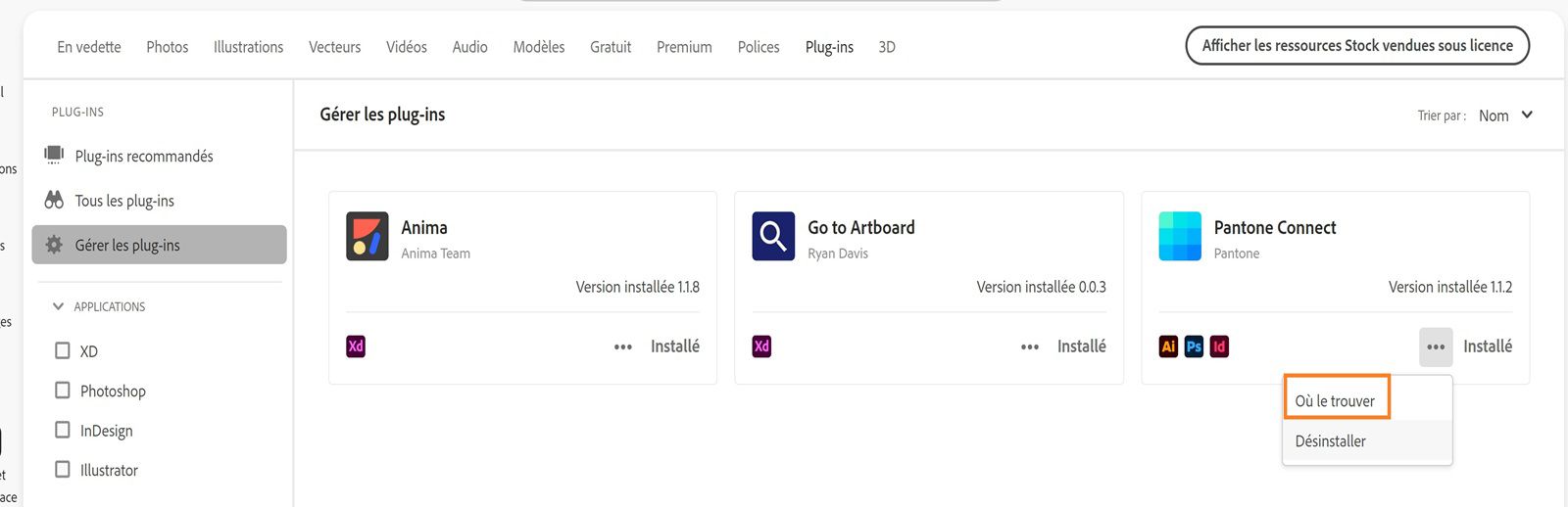 La carte Plugin affiche la liste déroulante Autres actions avec les options « Où le trouver » et « Désinstaller ».