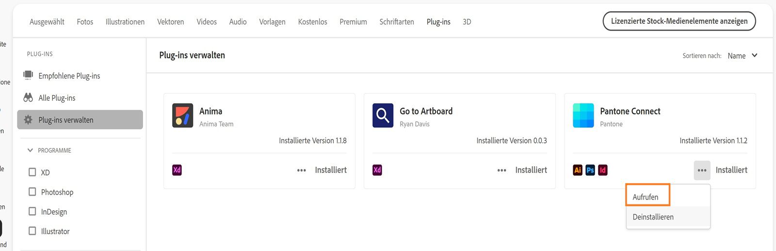 Auf der Plug-in-Karte wird das Dropdown-Menü „Weitere Aktionen“ mit den Optionen „Aufrufen“ und „Deinstallieren“ angezeigt.