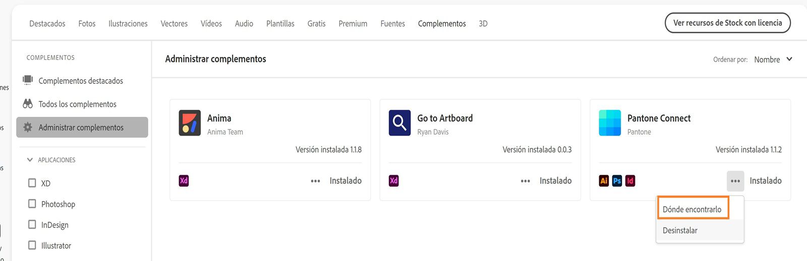 La tarjeta de complementos muestra el menú desplegable Más acciones, con las opciones “Dónde se encuentra” y “Desinstalar”.