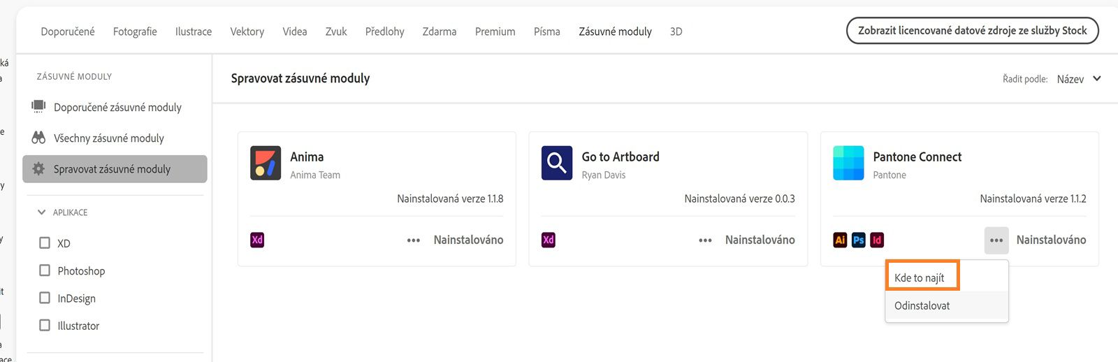 Na kartě Zásuvný modul Plugin je zobrazena rozevírací nabídka Další akce s možnostmi „Kde to najít“ a „Odinstalovat“.