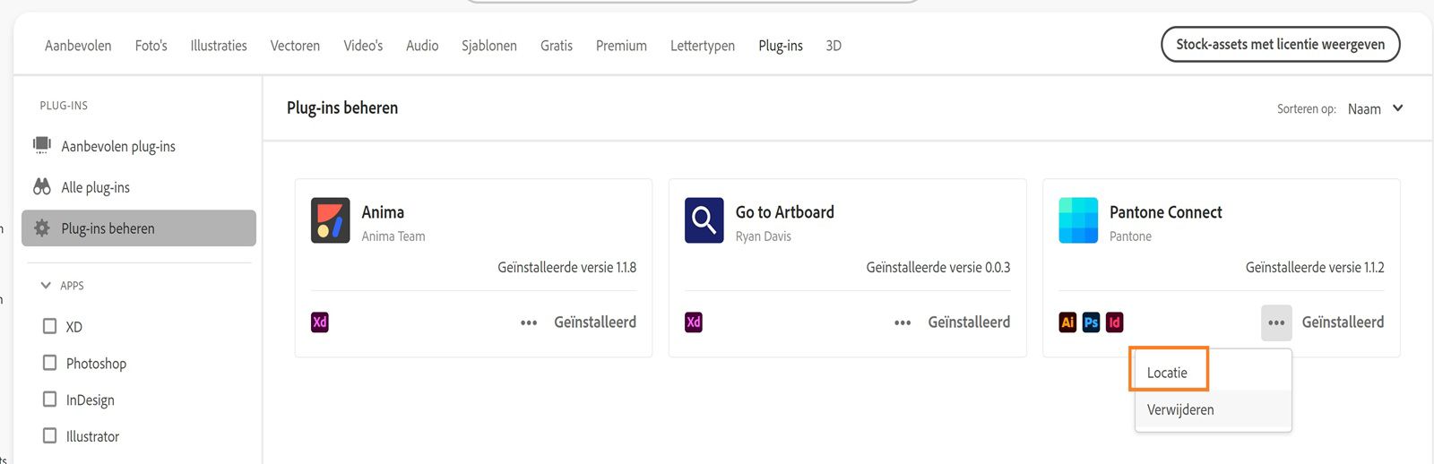 Op de kaart van de plug-in wordt de vervolgkeuzelijst Meer acties weergegeven met de opties 'Locatie' en 'Verwijderen'.