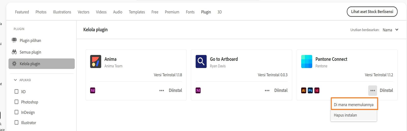 Kartu Plugin menampilkan menu drop-down Tindakan lainnya dengan opsi 'Tempat mencarinya' dan 'Hapus instalan'.