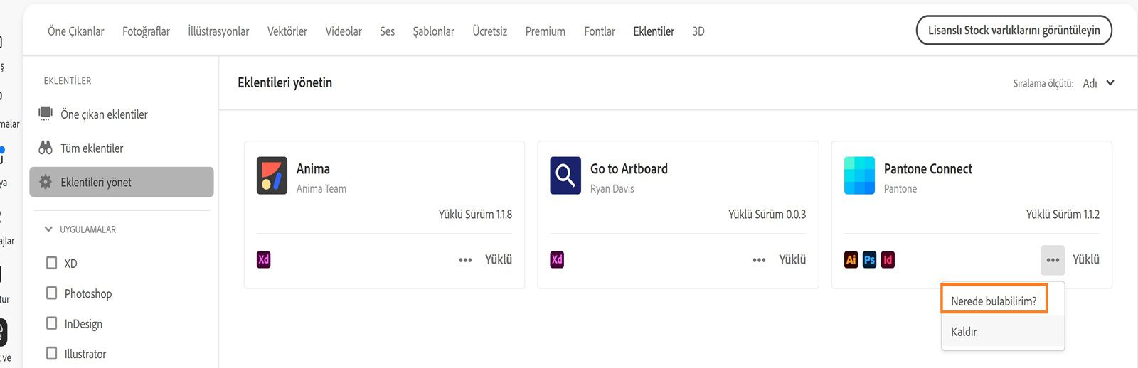 Eklenti kartında, “Nerede bulabilirim?” ve “Kaldır” seçeneklerinin olduğu Diğer eylemler açılır menüsü görüntülenir.