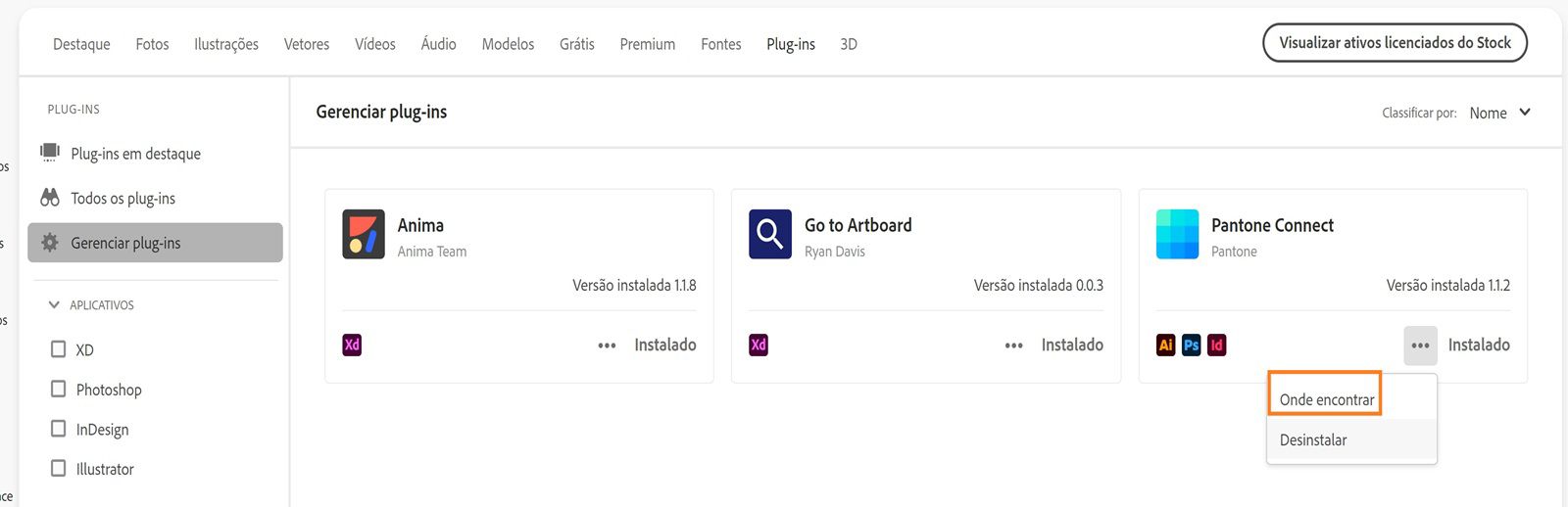 O cartão Plug-in exibe o menu suspenso Mais ações com as opções “Onde encontrar” e “Desinstalar”.