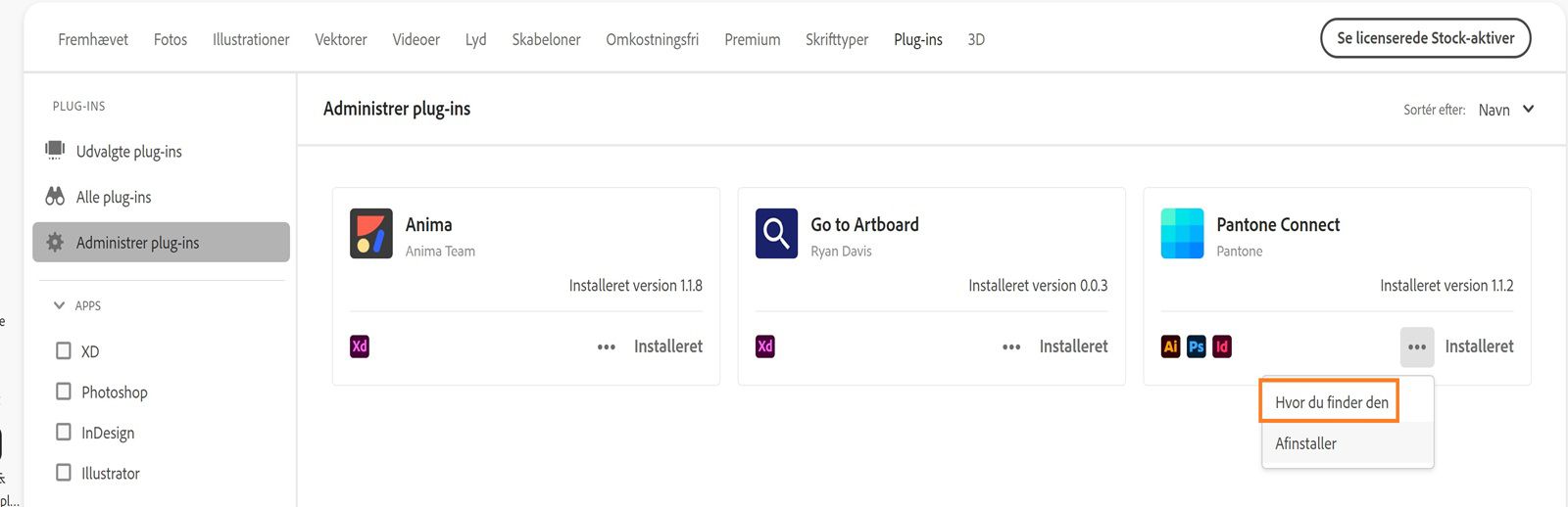 Plug-in-kortet viser rullemenuen Flere handlinger med valgmulighederne "Hvor du finder den" og "Afinstaller".