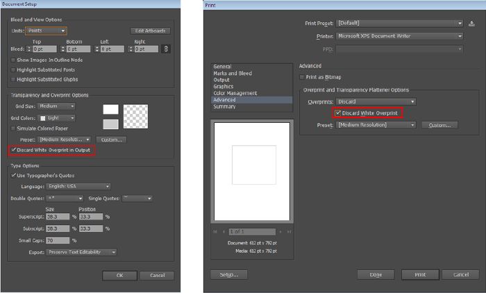 “文档设置”对话框（左图）和“打印”对话框（右图）提供了“抑制输出中的白色叠印”选项