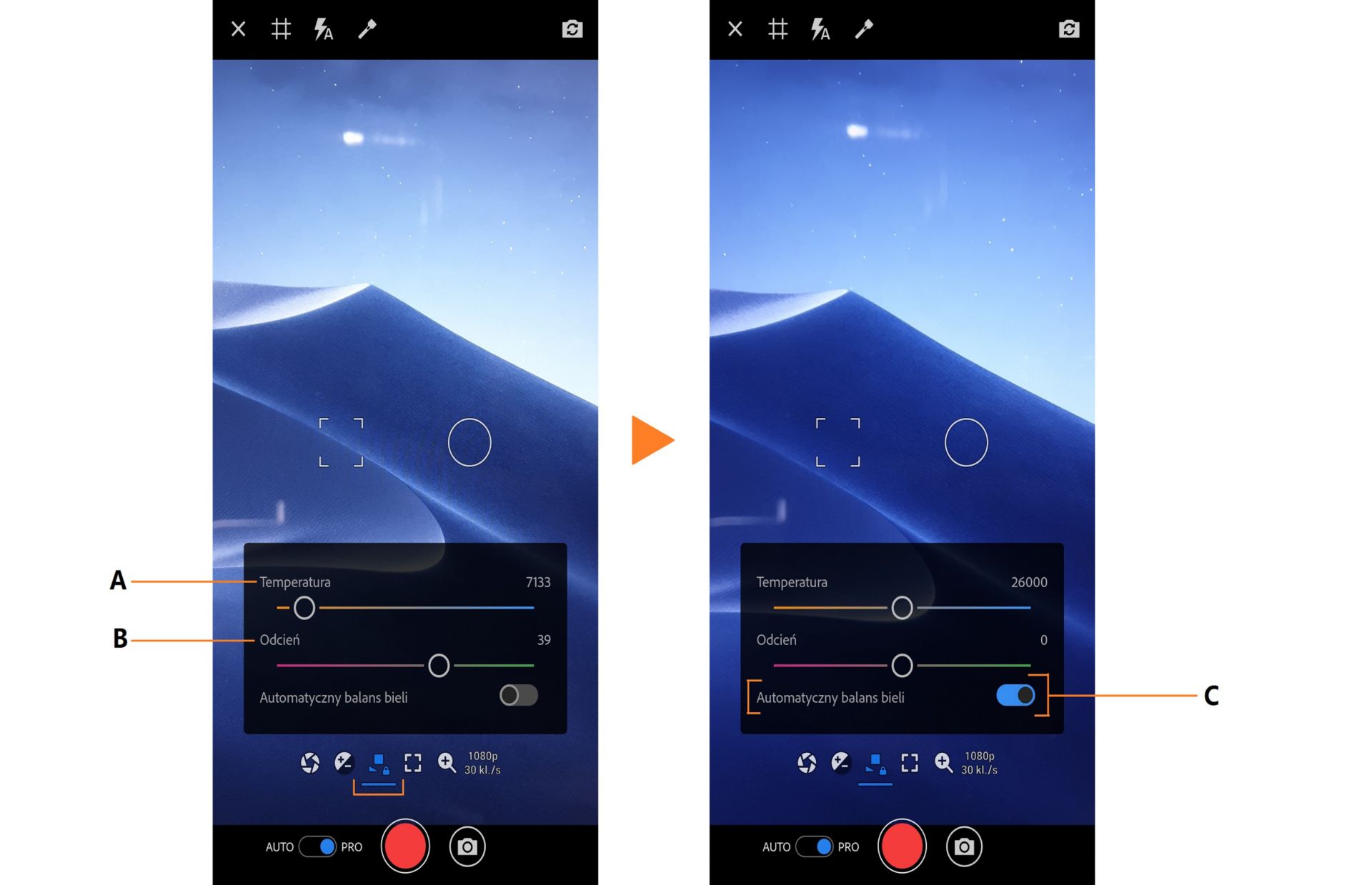 Opcje balansu bieli PRO aplikacji Premiere Rush