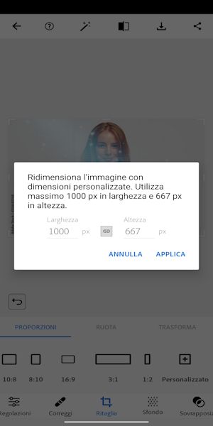 Imposta una larghezza o un’altezza qualsiasi per ridimensionare la foto