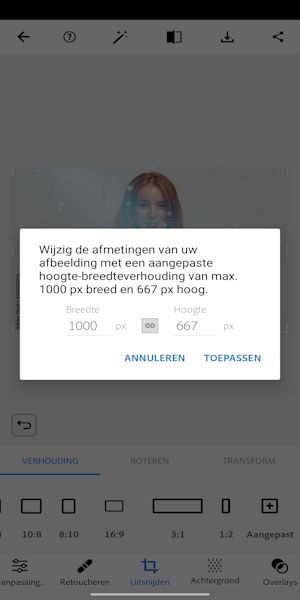 Stel een willekeurige breedte of hoogte in om de grootte van uw foto te wijzigen