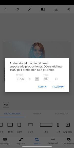 Ställ in valfri bredd eller höjd för att ändra storlek på ditt foto