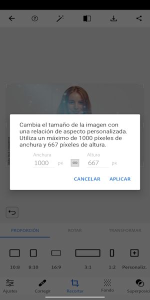 Defina cualquier anchura o altura para cambiar el tamaño de la foto