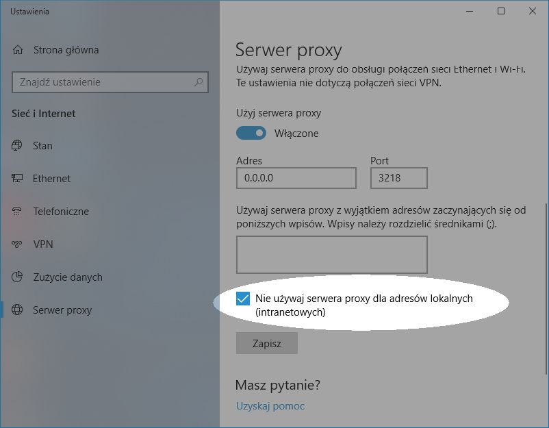 Konfigurowanie ustawień serwera proxy w systemie Windows 10 do współpracy z bibliotekami — krok 2