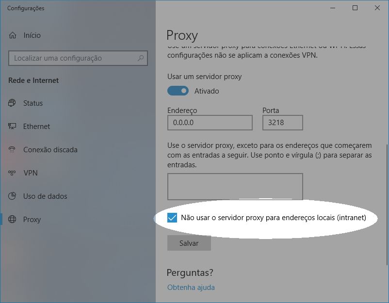 Configurar seu proxy no Windows 10 para trabalhar com bibliotecas - Etapa 2
