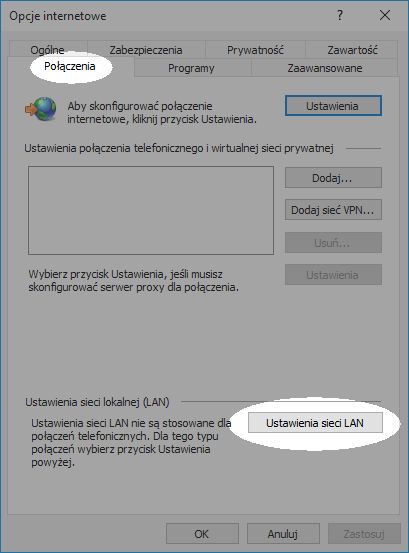 Konfigurowanie ustawień serwera proxy w systemie Windows 7 do współpracy z bibliotekami — krok 3