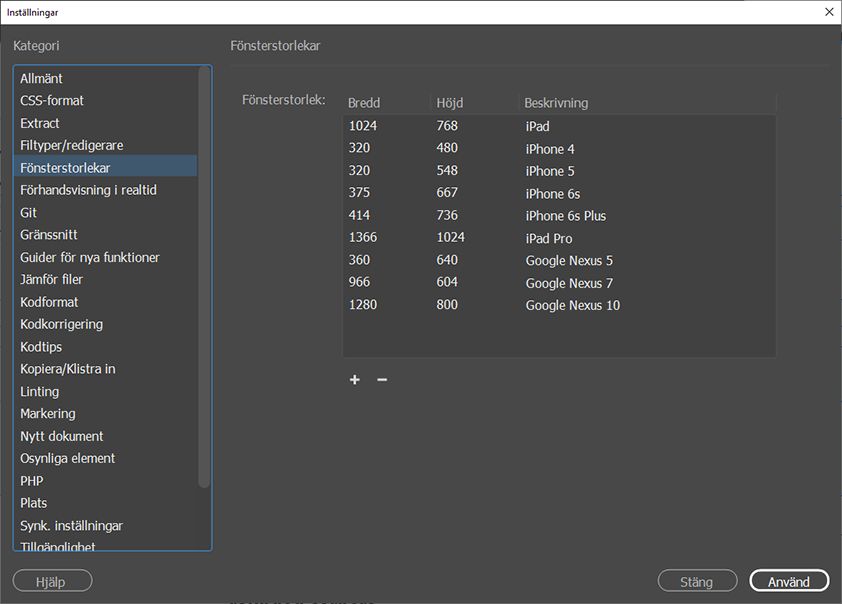 Lägga till fönsterstorlekar på snabbmenyn Fönsterstorlekar
