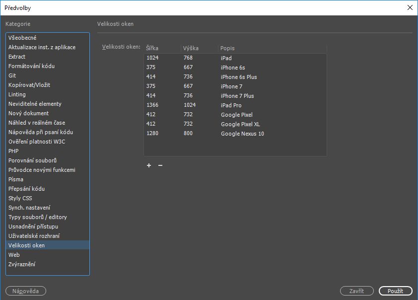 Přidání velikostí okna do rozbalovací nabídky Velikosti oken