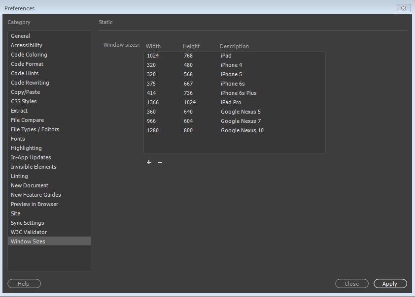 إضافة أحجام النوافذ إلى قائمة حجم القائمة المنبثقة
