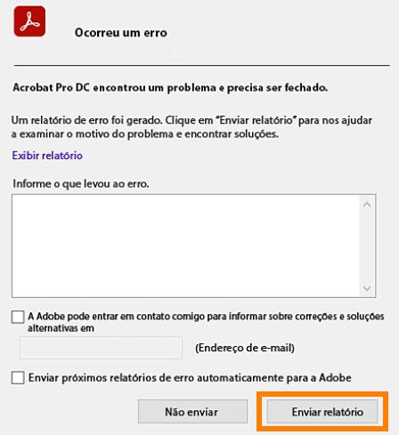 A caixa de diálogo do relatório de falha do Adobe Acrobat onde o botão “Enviar relatório” está destacado.