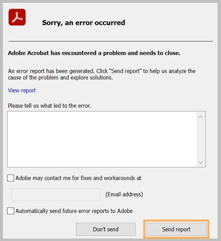 Adobe Acrobats kraschrapportdialogruta där knappen Skicka rapport är markerad.