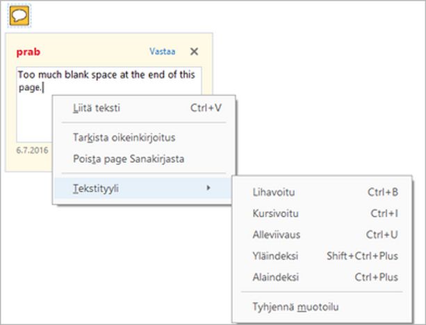 Ponnahdustekstin ja muotoiluasetusten kanssa 