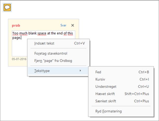 Med pop op-tekst og formateringsindstillinger 