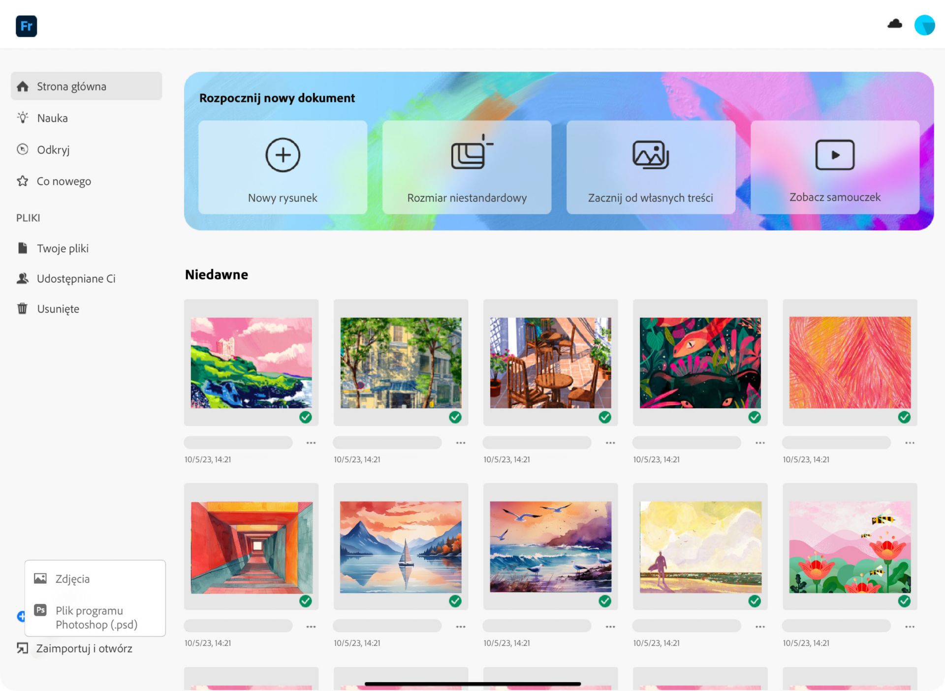 Importowanie i otwieranie wyświetla dwie opcje: Zdjęcia i plik programu Photoshop