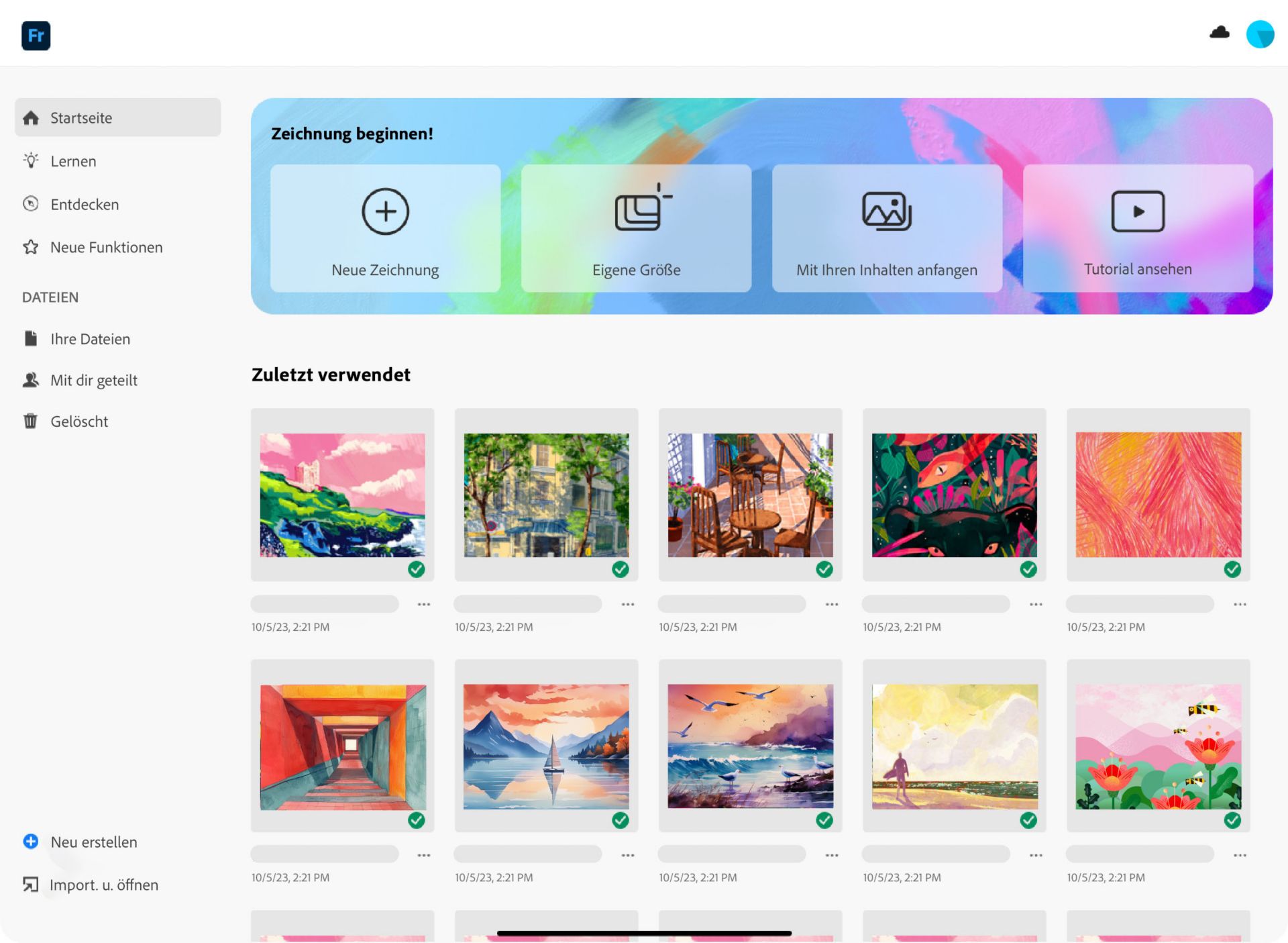 Startbildschirm mit Schnellstartkacheln für neue Optionen für Zeichnen, benutzerdefinierte Größe, Starten mit Inhalten und Tutorials.