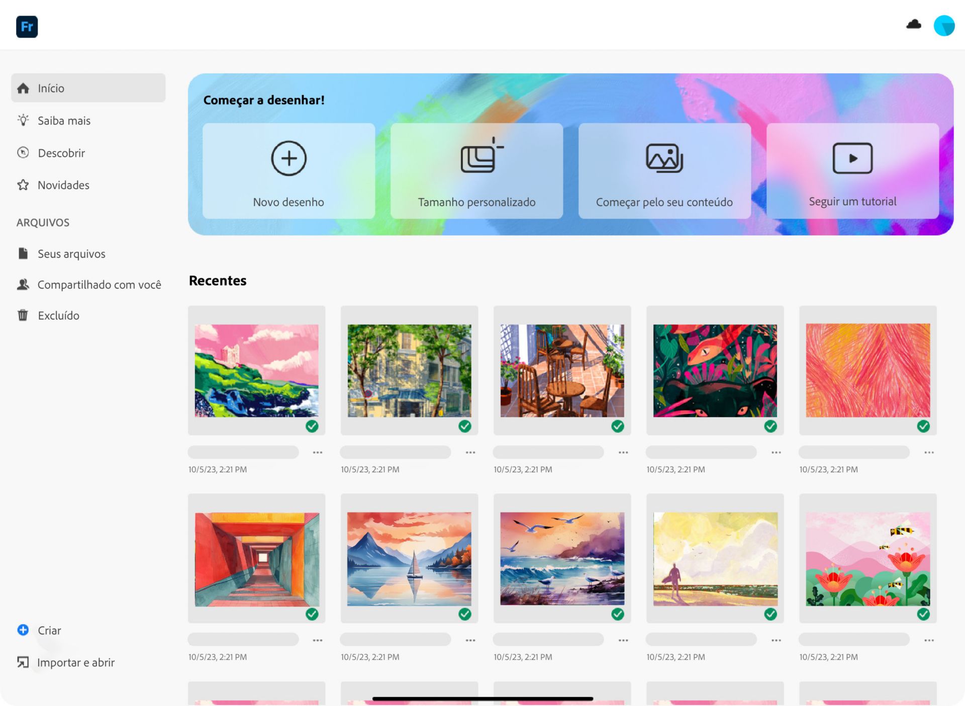Tela inicial mostrando blocos de início rápido para novo desenho, tamanho personalizado, iniciar a partir do conteúdo e opções de tutorial.