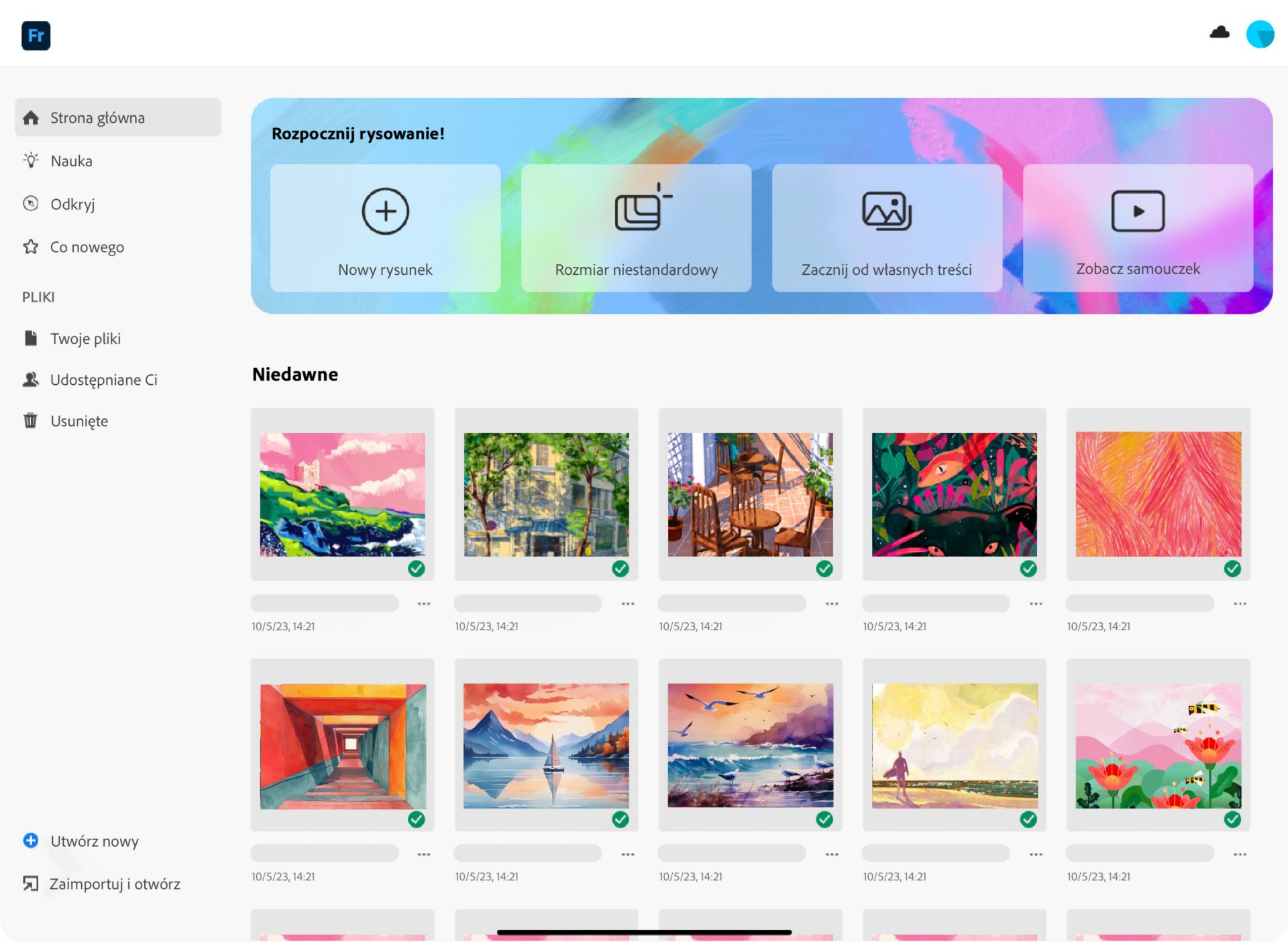 Ekran główny przedstawiający kafelki szybkiego startu do tworzenia nowego rysunku, ustawiania niestandardowego rozmiaru, rozpoczynania od zawartości i opcji samouczka.