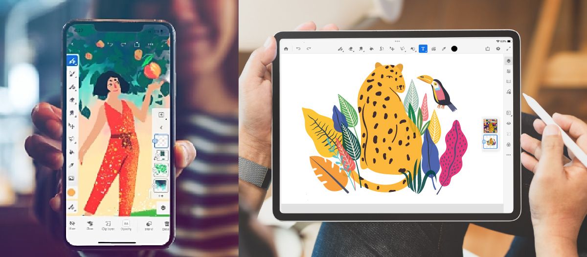 手机和 iPad 上显示的 Adobe Fresco 界面，数字图稿已打开，绘图工具可见。