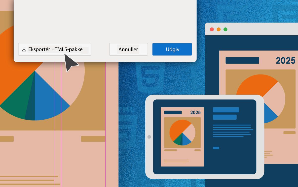Skærm, der viser indstillinger til eksport af InDesign-dokument som HTML5