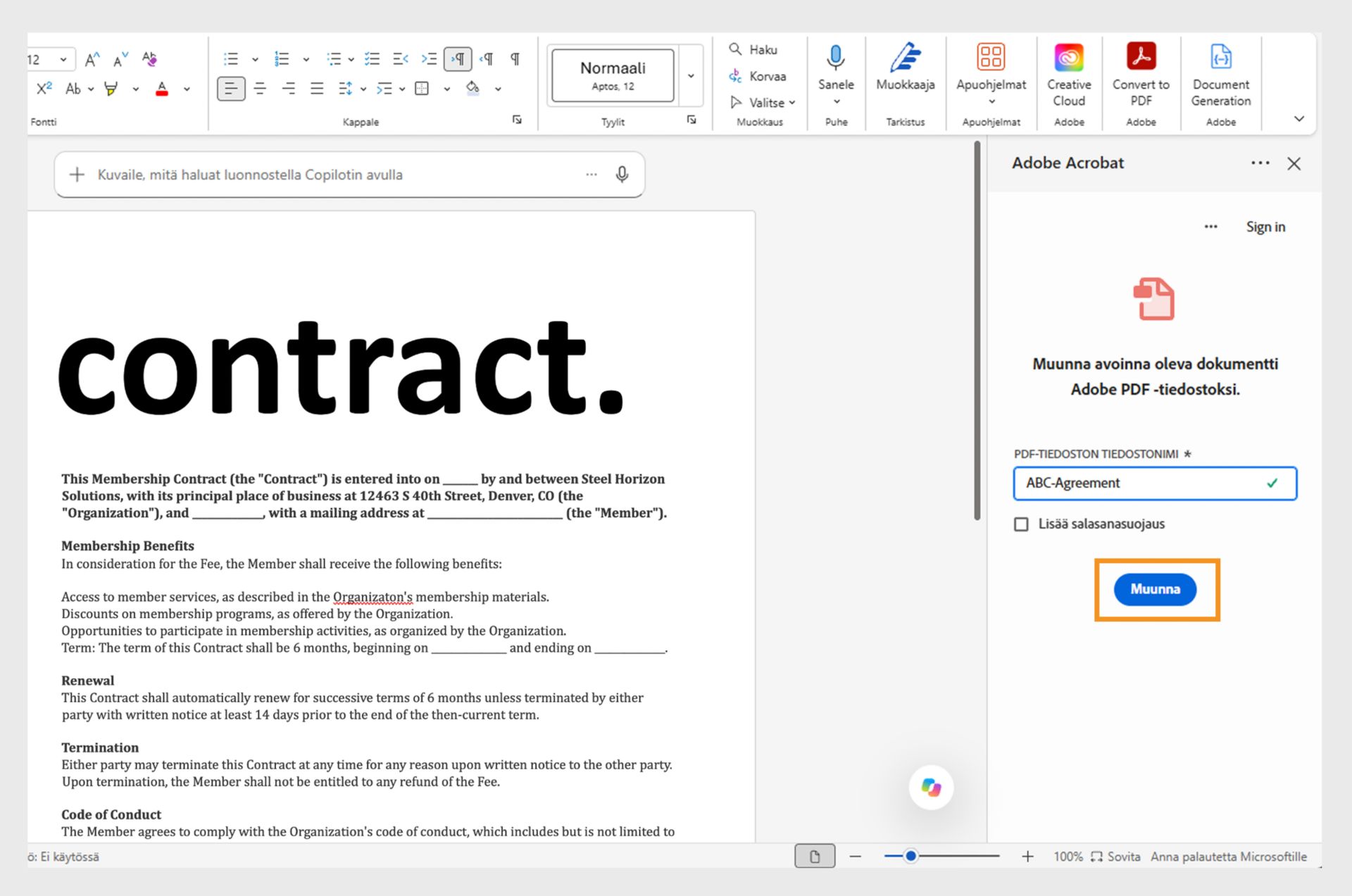 Verkkoselaimessa näkyy Word-asiakirja ja Document Cloud -paneeli, jossa Muunna-työkalu on korostettuna.