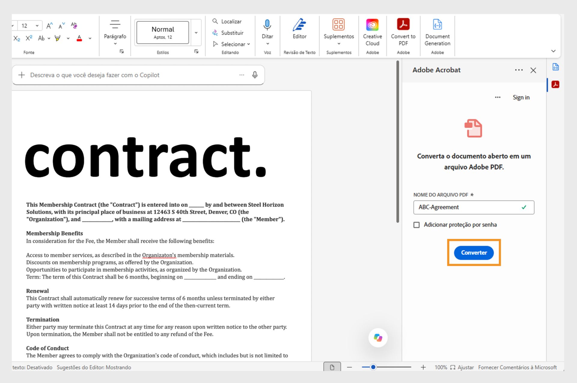 O documento do Word em um navegador da web mostra o painel “Document Cloud” com a ferramenta “Converter” realçada.