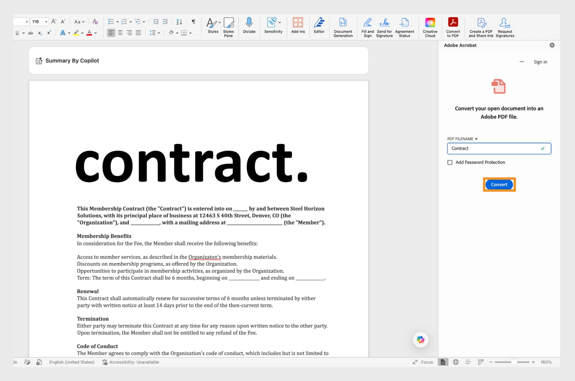 Nagpapakita ang Word document sa web browser ng Document Cloud panel, kung saan naka-highlight ang Convert tool.