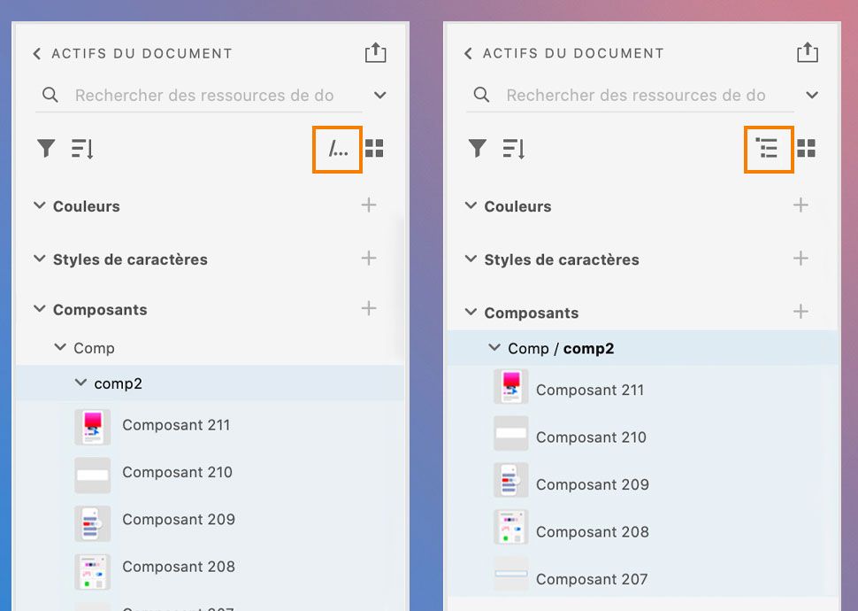 Panneau Actifs du document en mode Arborescence (à gauche) et Chemin parcouru (à droite)