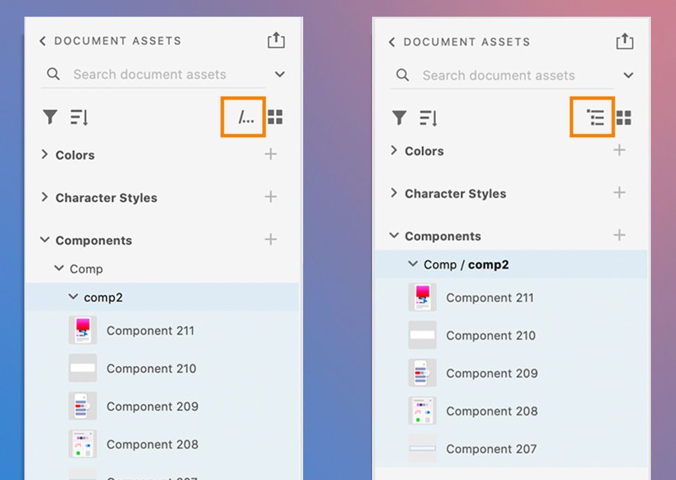Panel Activos de documento en vista de árbol (izquierda) y vista de ruta (derecha)