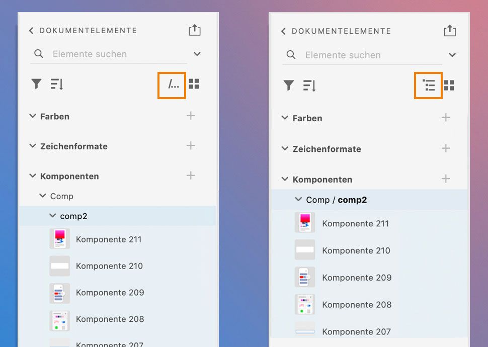 Bedienfeld „Dokumentelemente“ in der Baumansicht (links) und der Pfadansicht (rechts)