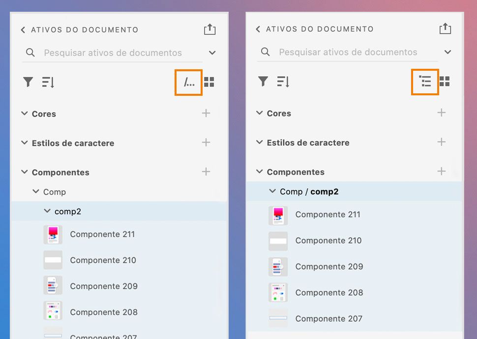 Painel Ativos do documento na exibição de árvore (esquerda) e na exibição de caminho (direita)