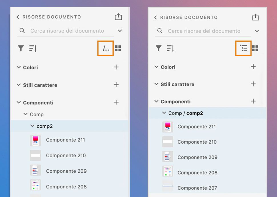Pannello Risorse documento nella vista struttura (a sinistra) e nella vista tracciato (a destra)