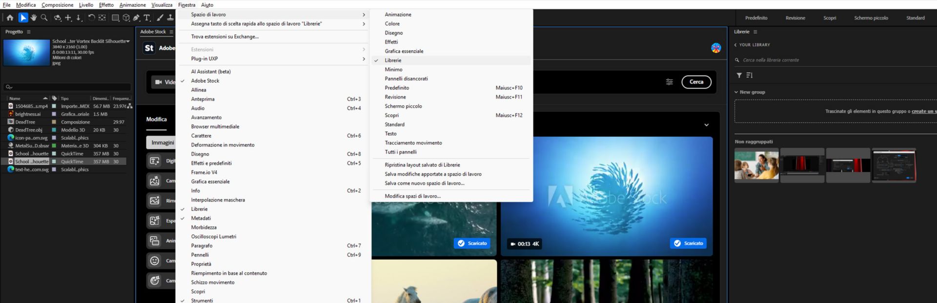 Sottomenu Area di lavoro aperto nel menu Finestra, che mostra i preset di layout dei pannelli con Libraries selezionato come attivo.