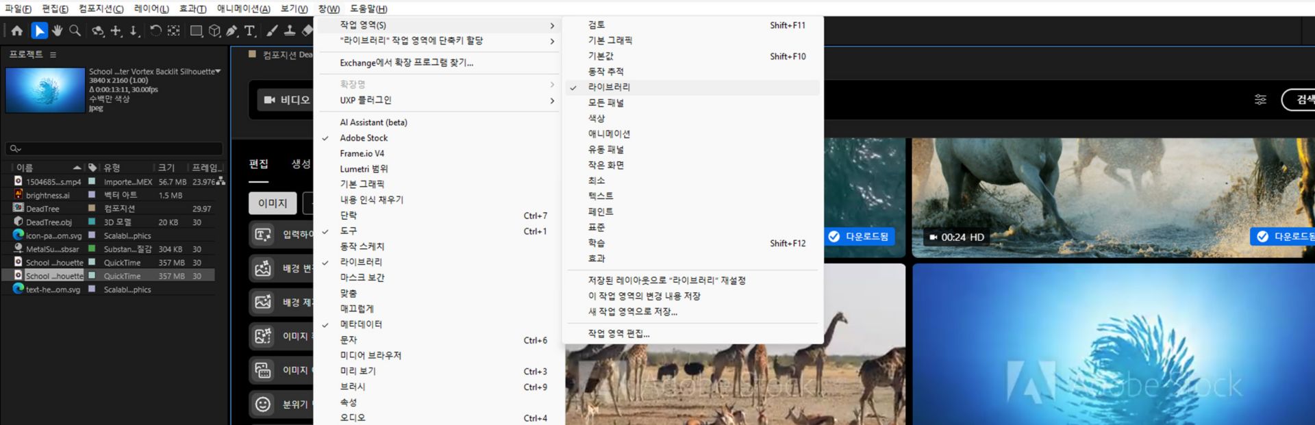 Window 메뉴 아래에 작업 영역 하위 메뉴가 열려 있으며, Libraries가 활성 상태로 선택된 패널 레이아웃 사전 설정을 보여줍니다.